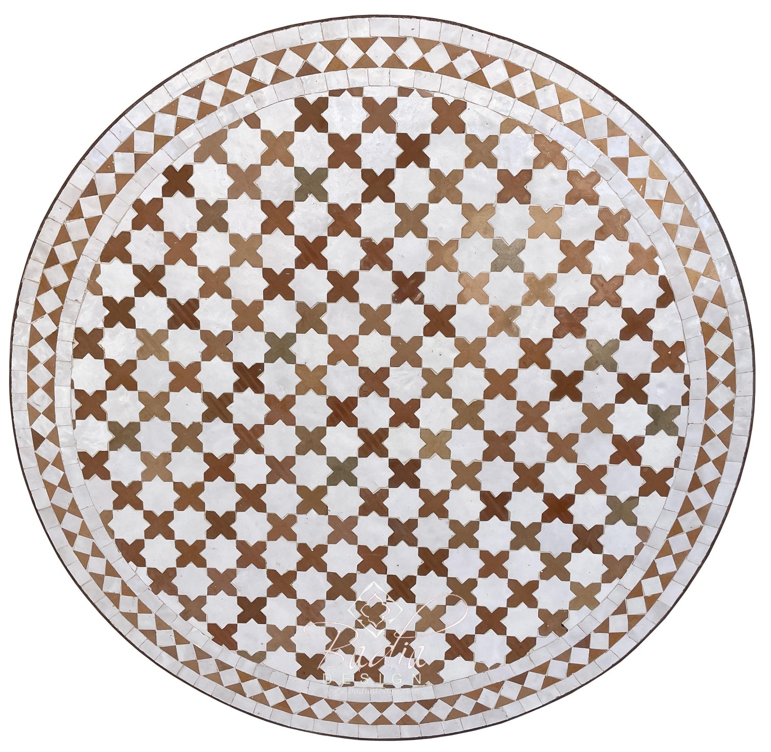 Round Moroccan Tile Table Top in Brown and White
