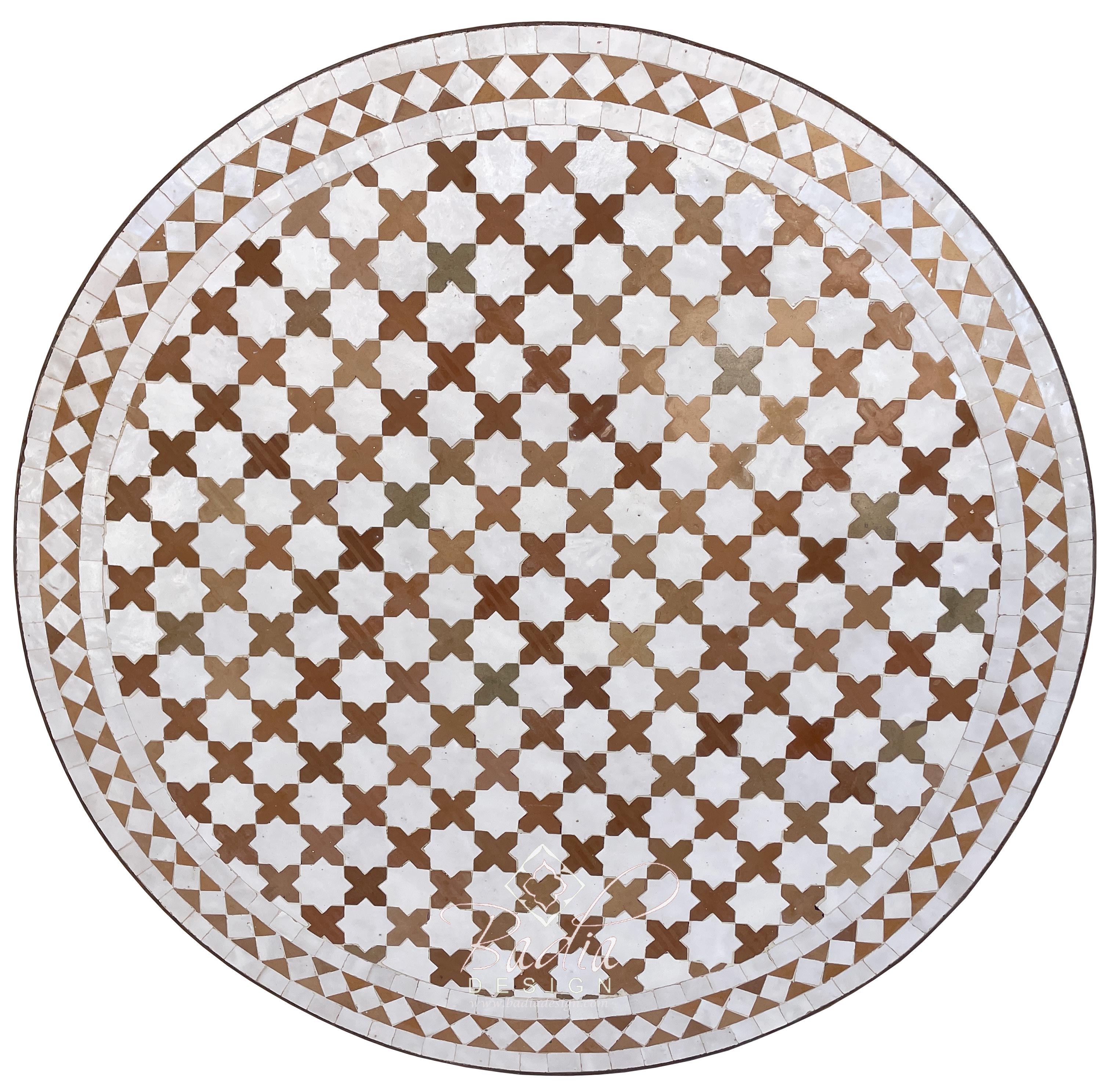 Round Moroccan Tile Table Top in Brown and White
