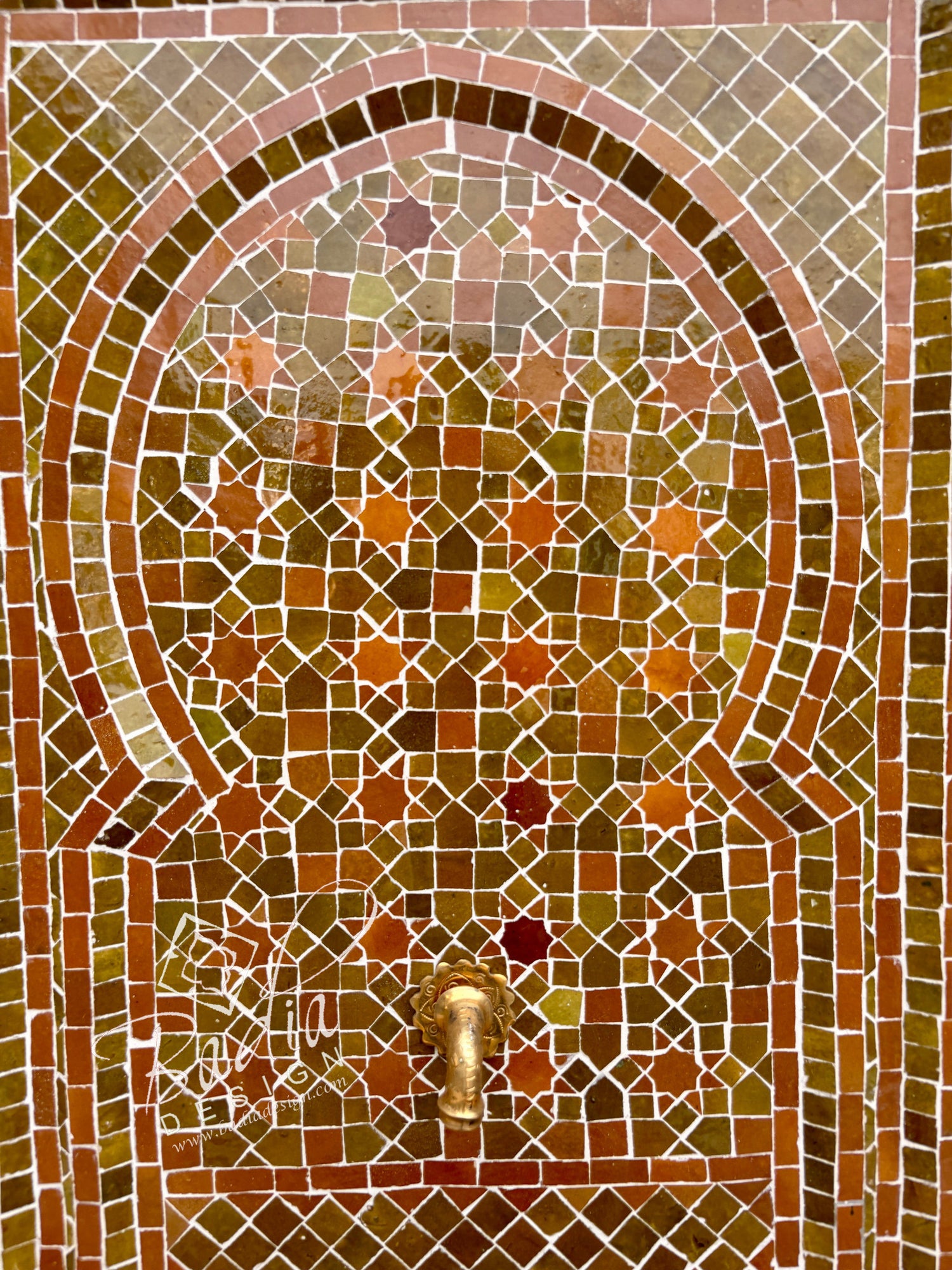 Caramel Zellige Tile Wall Fountain with Inner Arched Design
