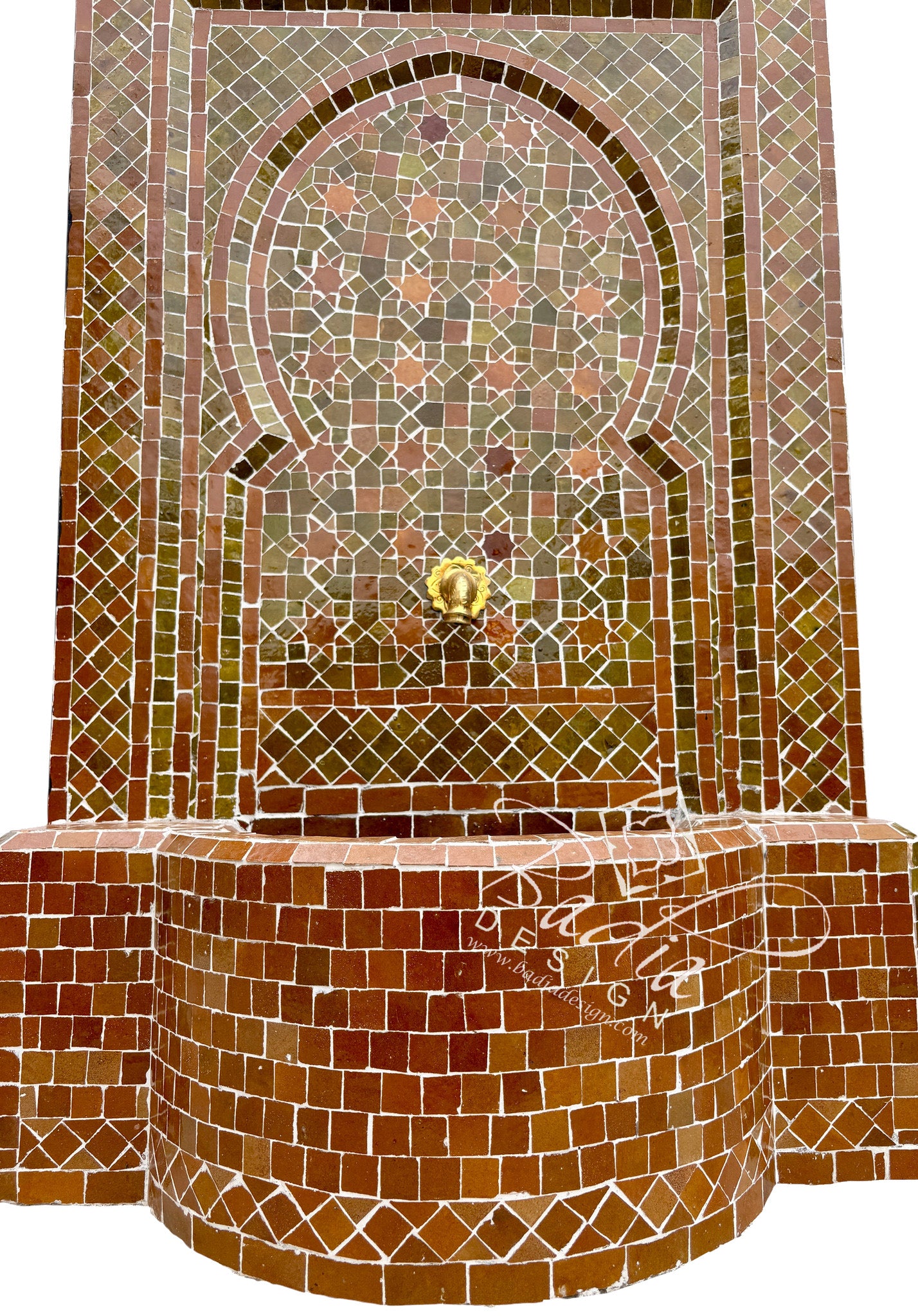 Moroccan Caramel Zellige Tile Wall Fountain with Inner Arched Design