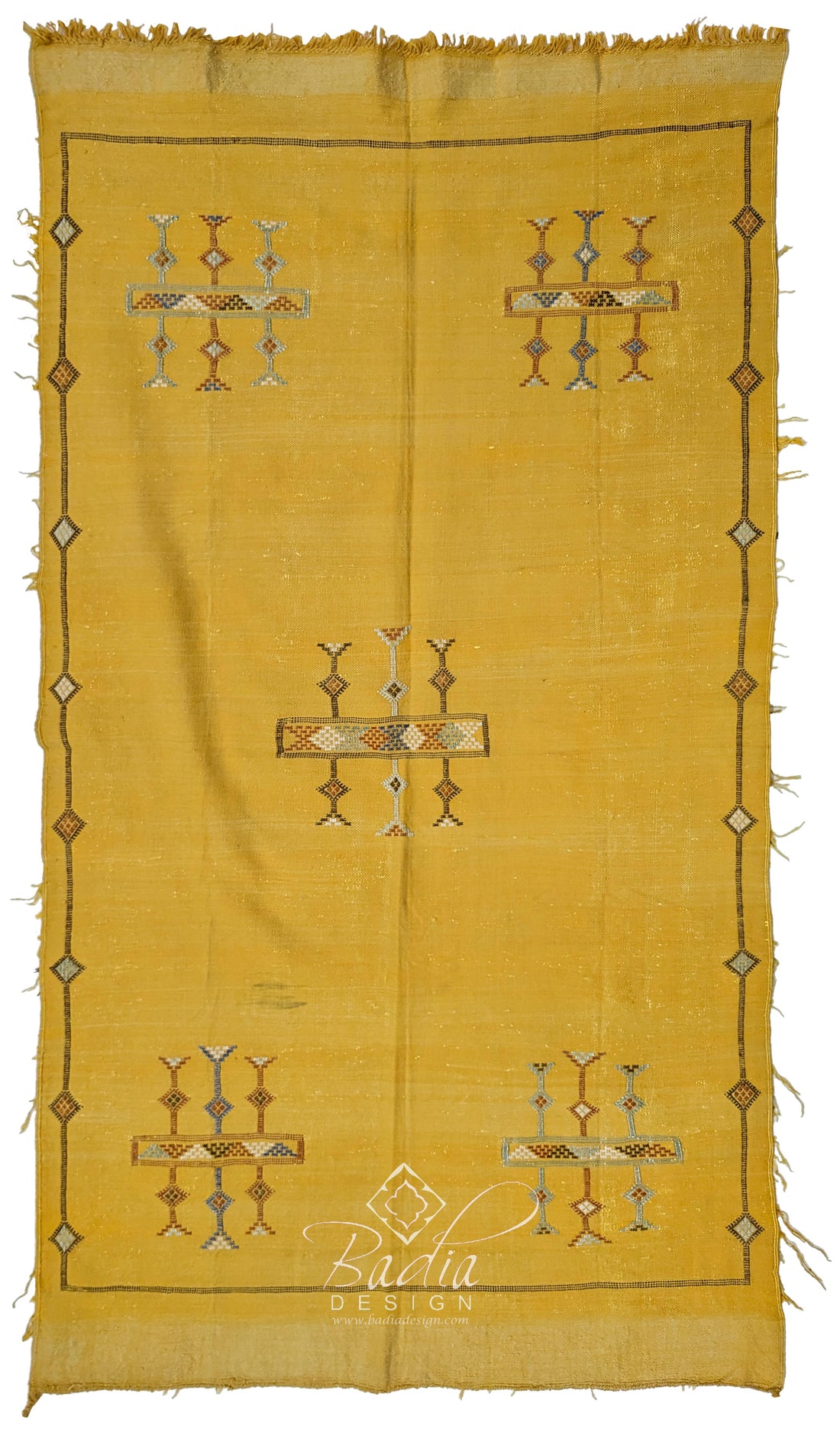 Yellow Cactus Silk Rug with Tribal Designs