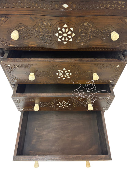 Carved Wood Bone Inlay Dark Stained Dresser