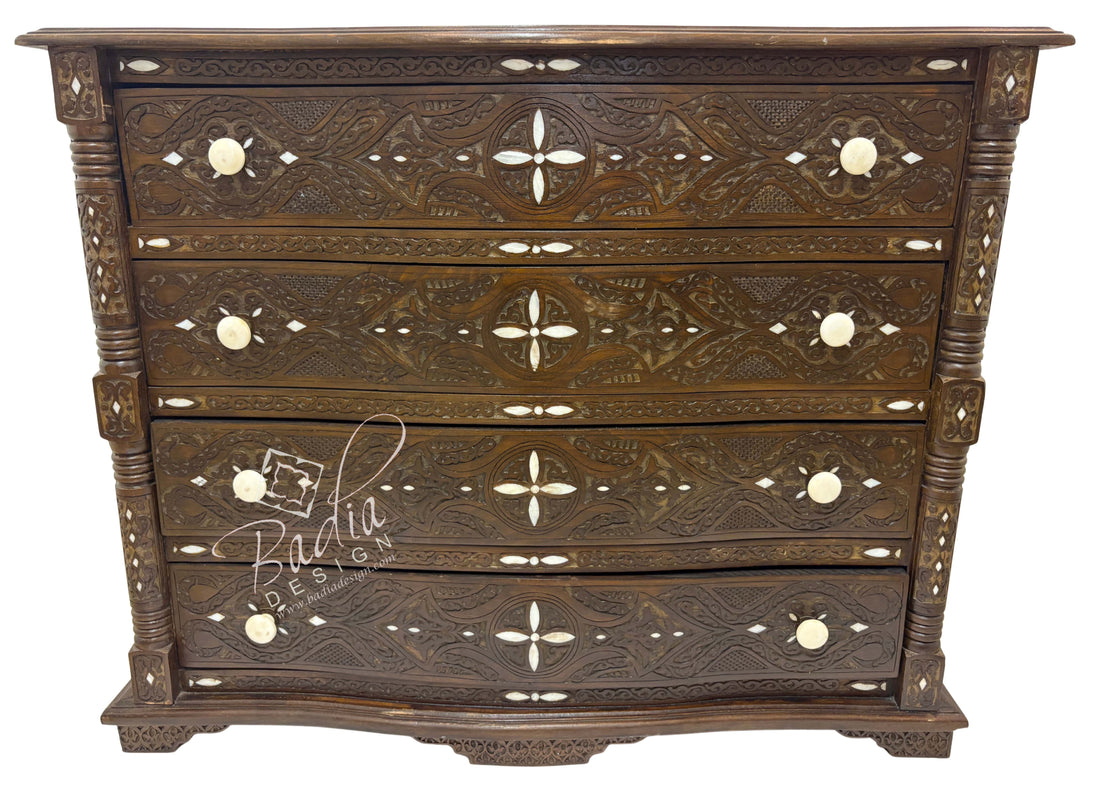 Large Carved Wood Bone Inlay Dark Stained Dresser