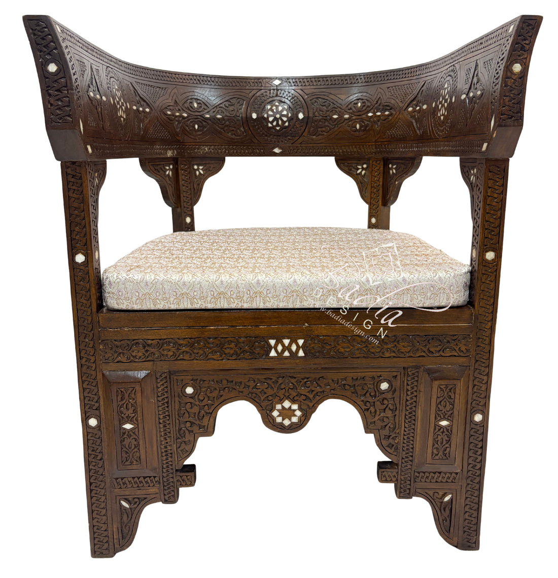 Moroccan Hand Carved Wooden Chair with Mother of Pearl Inlay