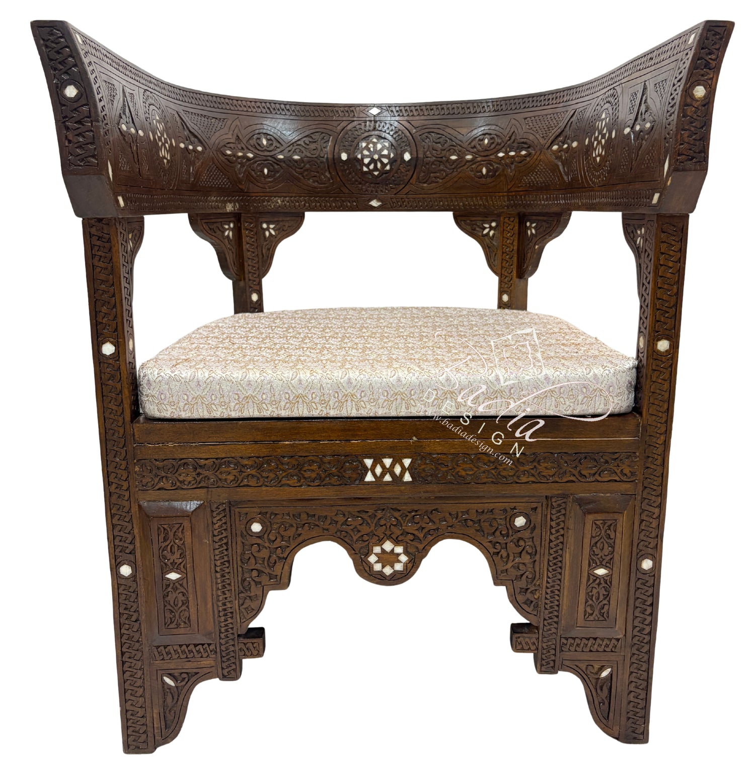 Moroccan Hand Carved Wooden Chair with Mother of Pearl Inlay