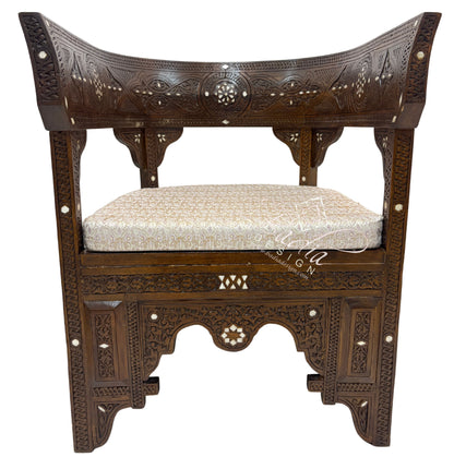 Moroccan Hand Carved Wooden Chair with Mother of Pearl Inlay