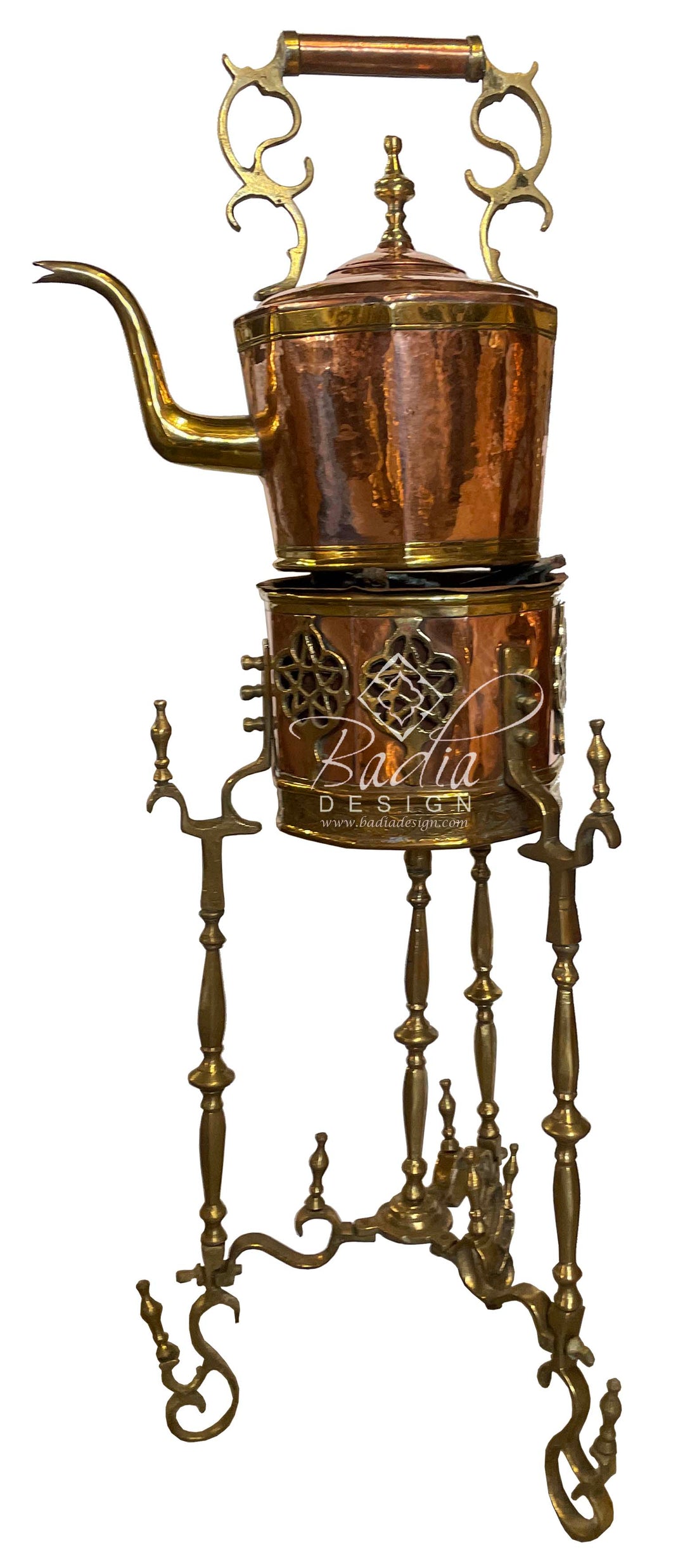 Tall Moroccan Copper Tea Kettle with Tall Wrought Iron Stand