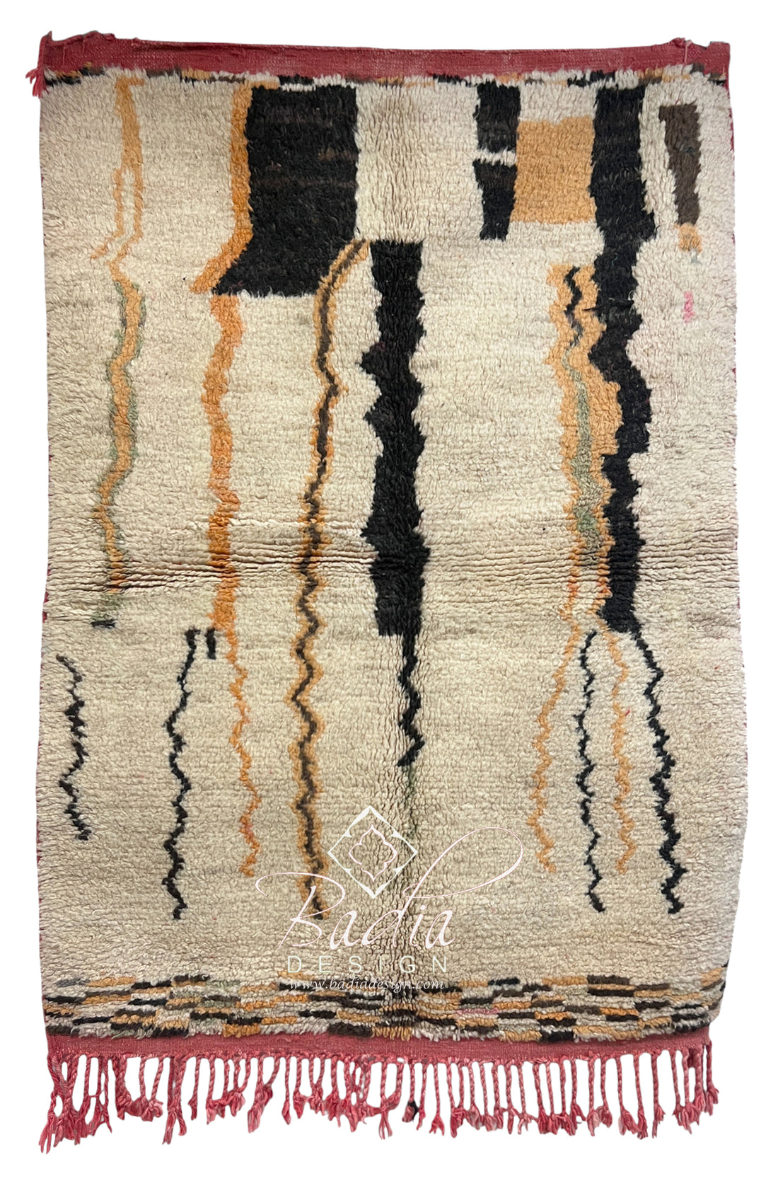 A rectangular hand-woven Moroccan rug with a cream base, featuring vertical black, rust orange, and beige zigzag stripes, finished with a rust red fringed border.