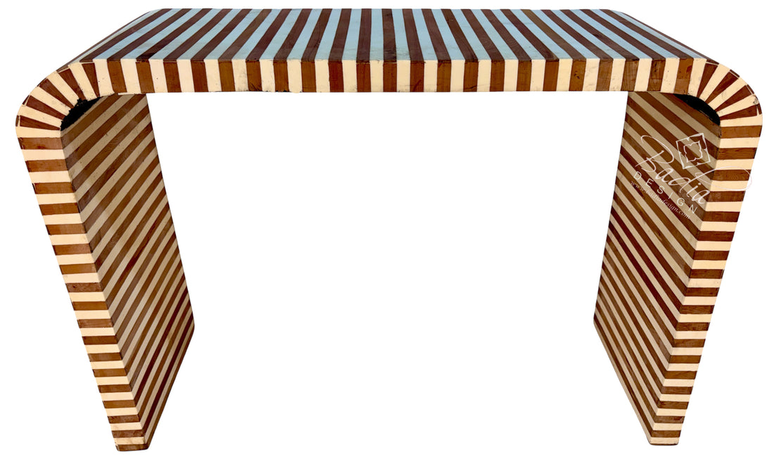Moroccan Cream and Medium Brown Striped Resin and Wood Console Table