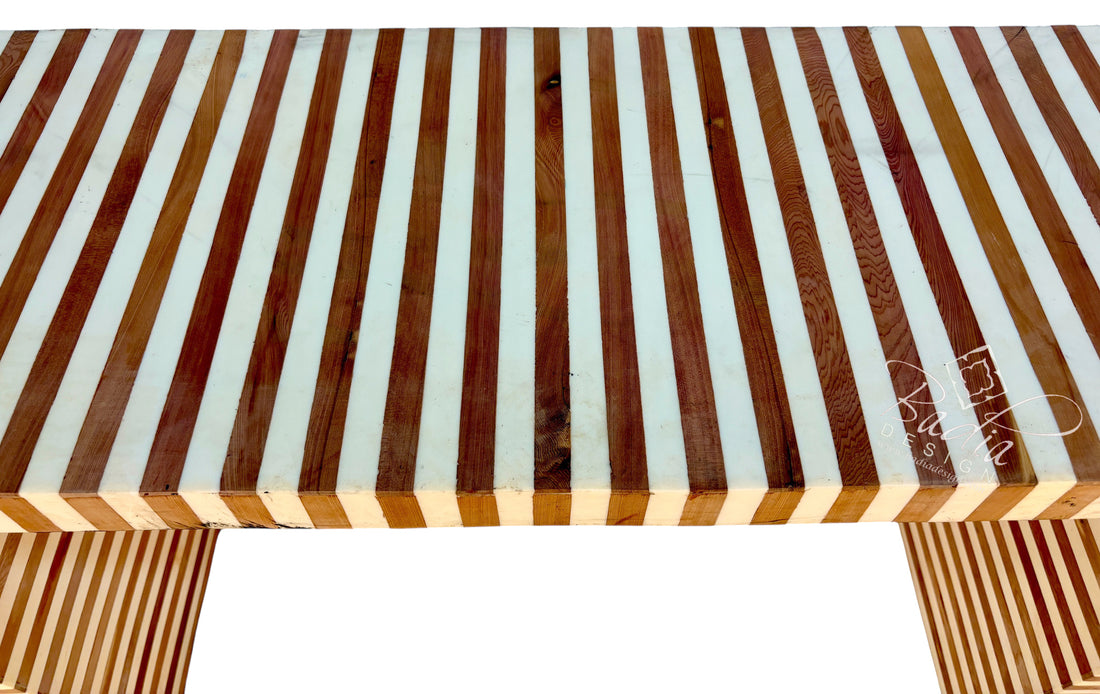 Cream and Medium Brown Striped Resin and Wood Console Table