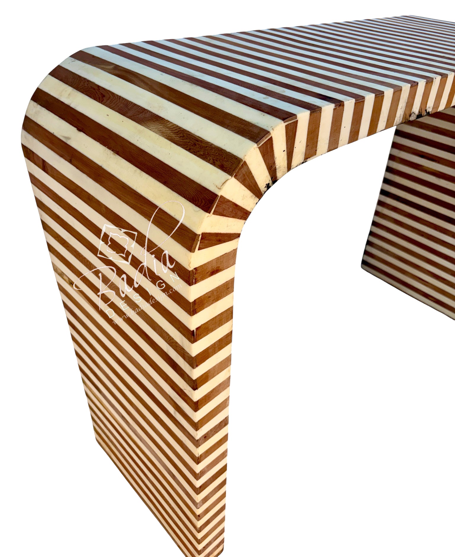 Cream and Medium Brown Striped Resin and Wood Console Table