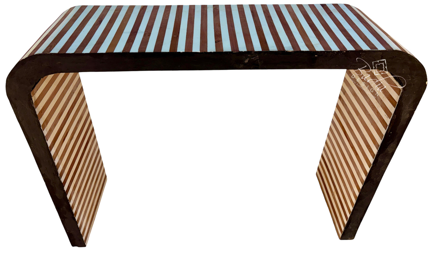 Cream and Medium Brown Striped Resin and Wood Console Table