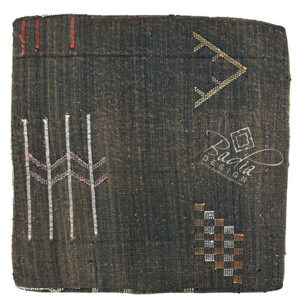 Dark Brown Kilim Floor Cushion with Geometric Accents