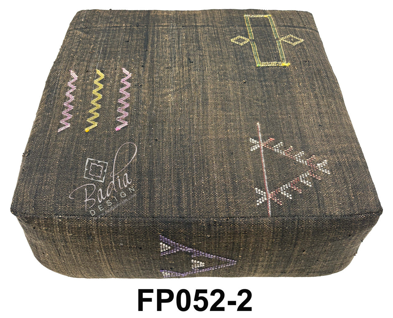 Dark Brown Kilim Floor Cushion with Geometric Accents