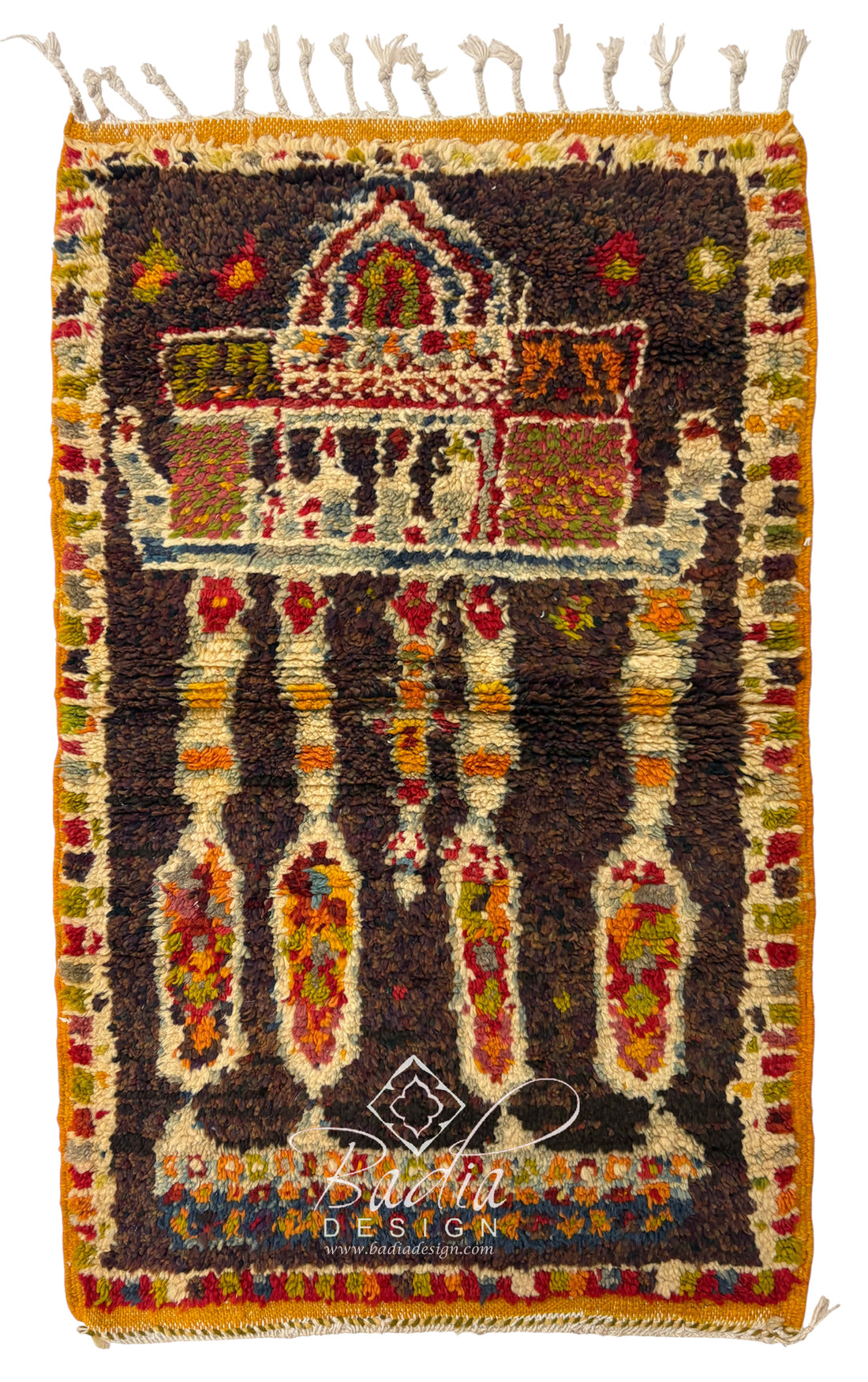 Moroccan Dark Brown Multi-Color Architectural Handwoven Rug