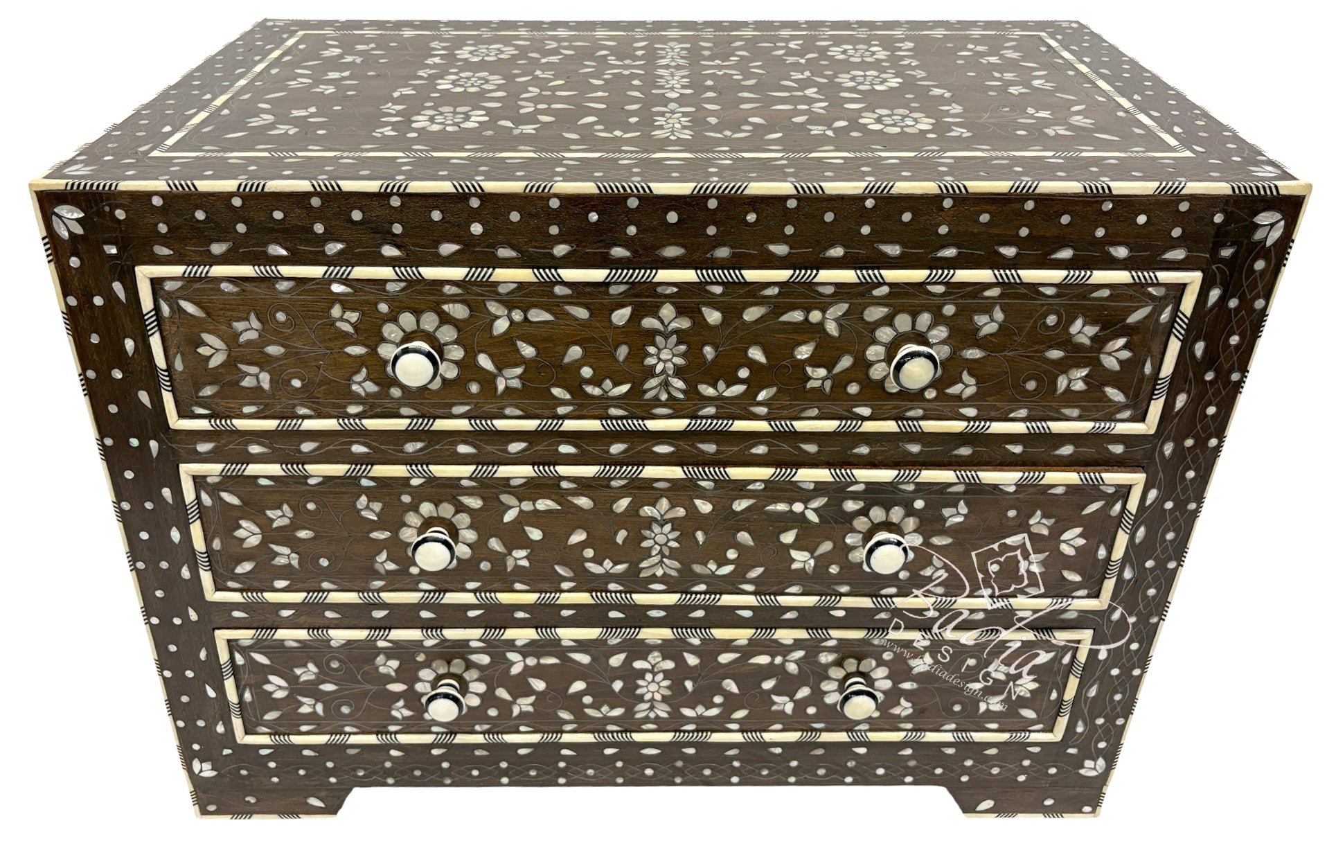 Moroccan Dark Stained White Mother of Pearl Inlay Dresser