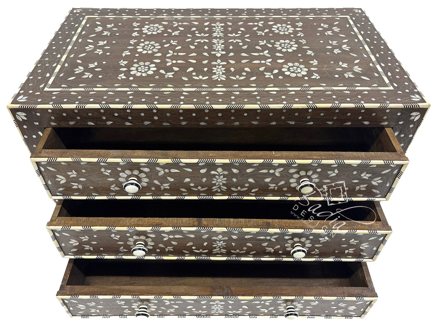 Moroccan Dark Stained White Mother of Pearl Inlay Dresser with open drawers