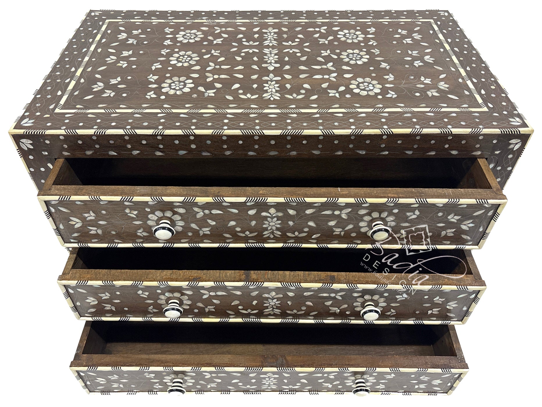 Moroccan Dark Stained White Mother of Pearl Inlay Dresser with open drawers