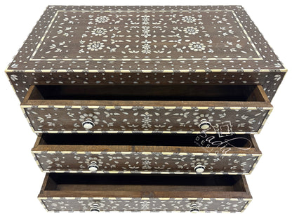 Moroccan Dark Stained White Mother of Pearl Inlay Dresser with open drawers