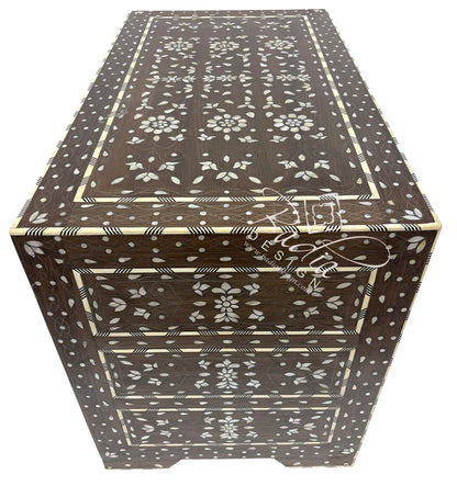 Moroccan Dark Stained White Mother of Pearl Inlay Dresser side view