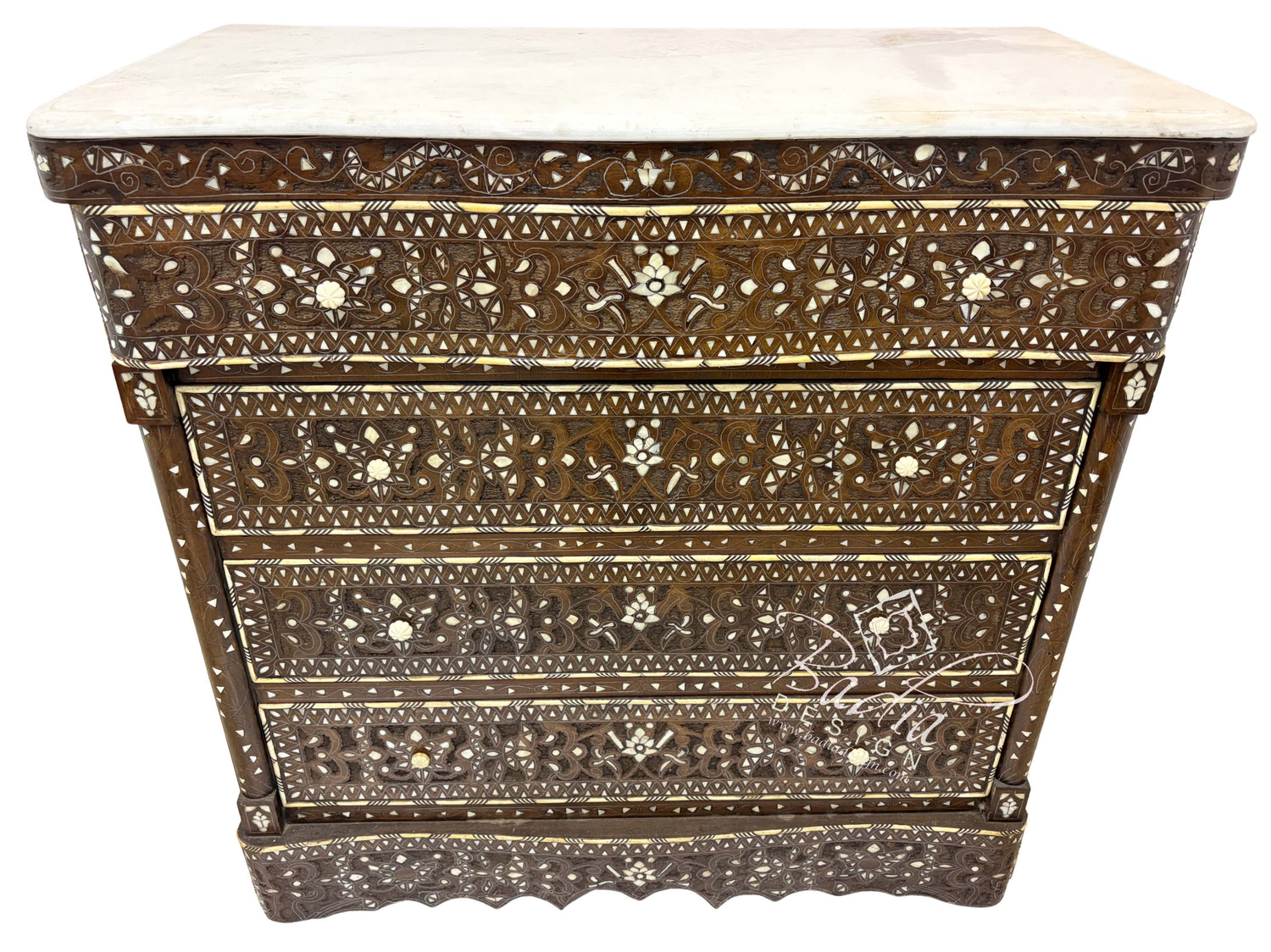 White Mother of Pearl Inlay Dresser with Four Drawers White Mother of Pearl Inlay Dresser with Four Drawers