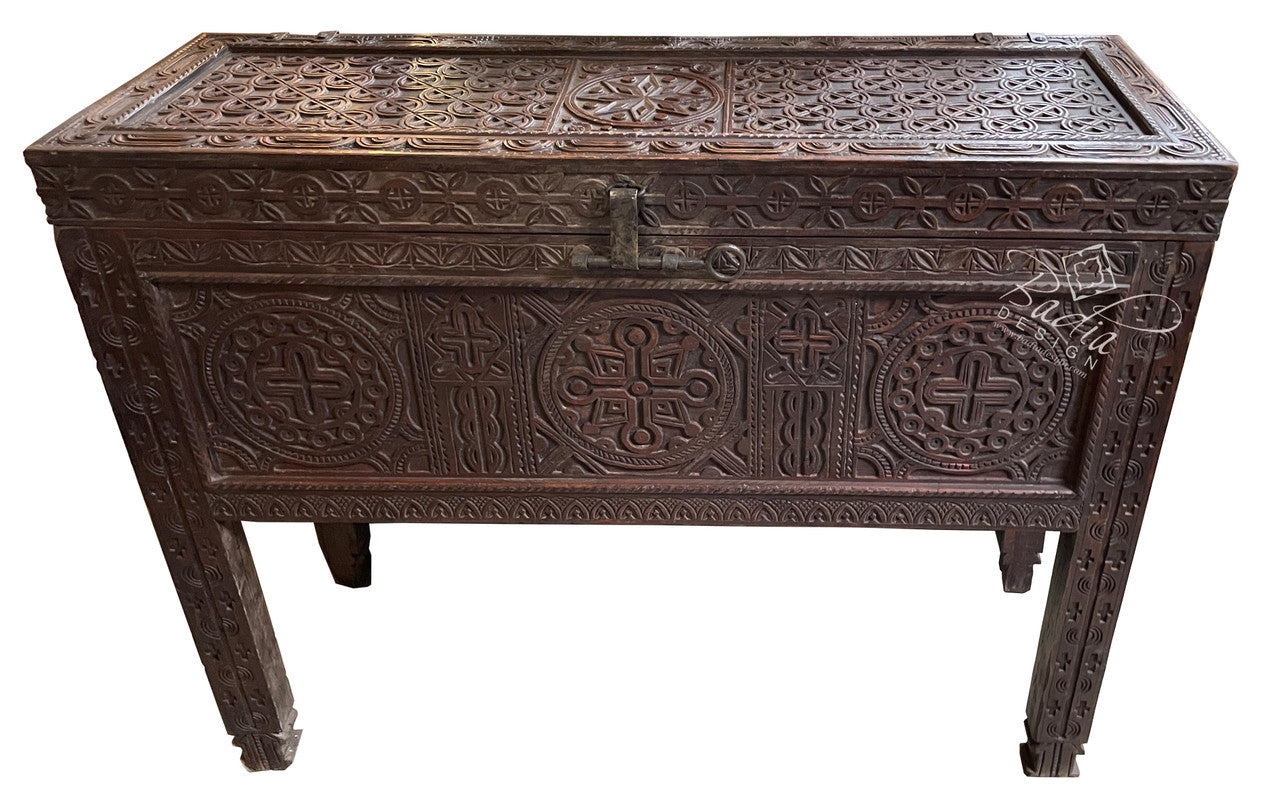 Dark Stained Hand Carved Wood Trunk