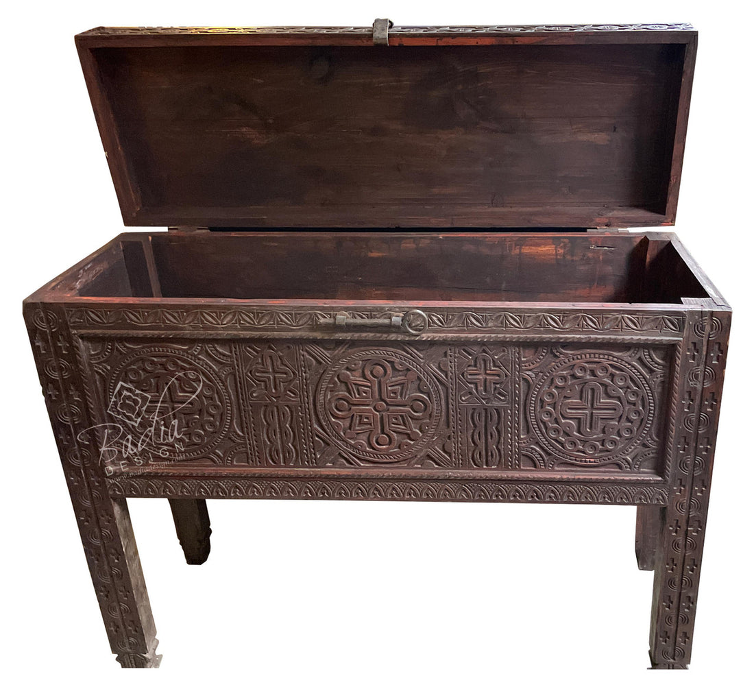 Dark Stained Hand Carved Wood Trunk