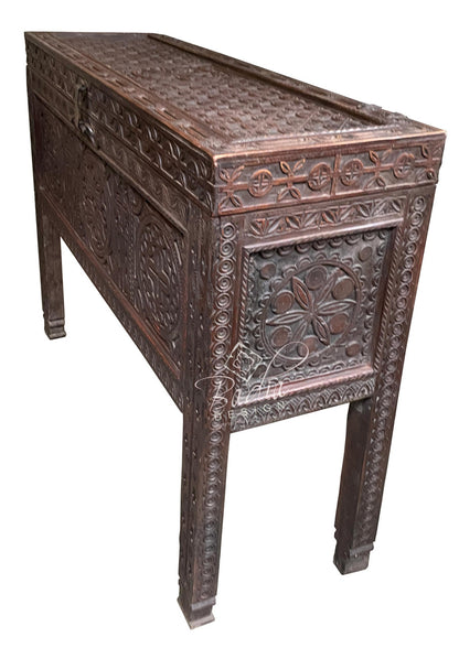 Dark Stained Hand Carved Wood Trunk