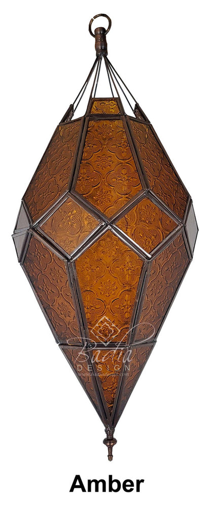 Decorative amber pendant light with geometric design on a white background