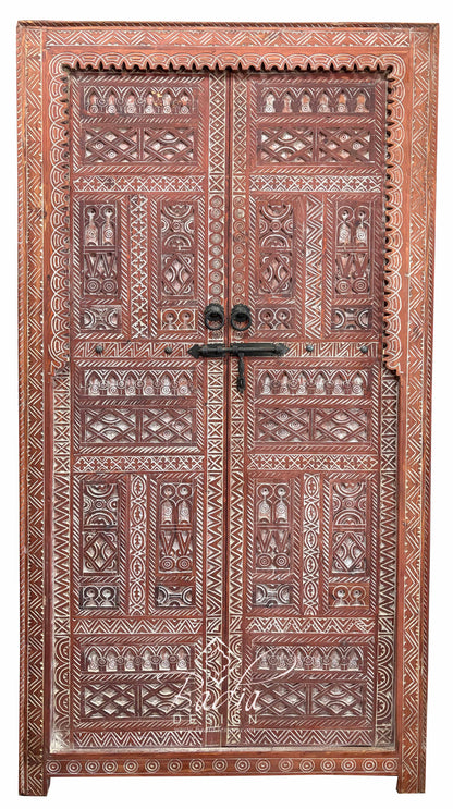 Moroccan Decorative Red Wooden Door with Traditional Carved Patterns