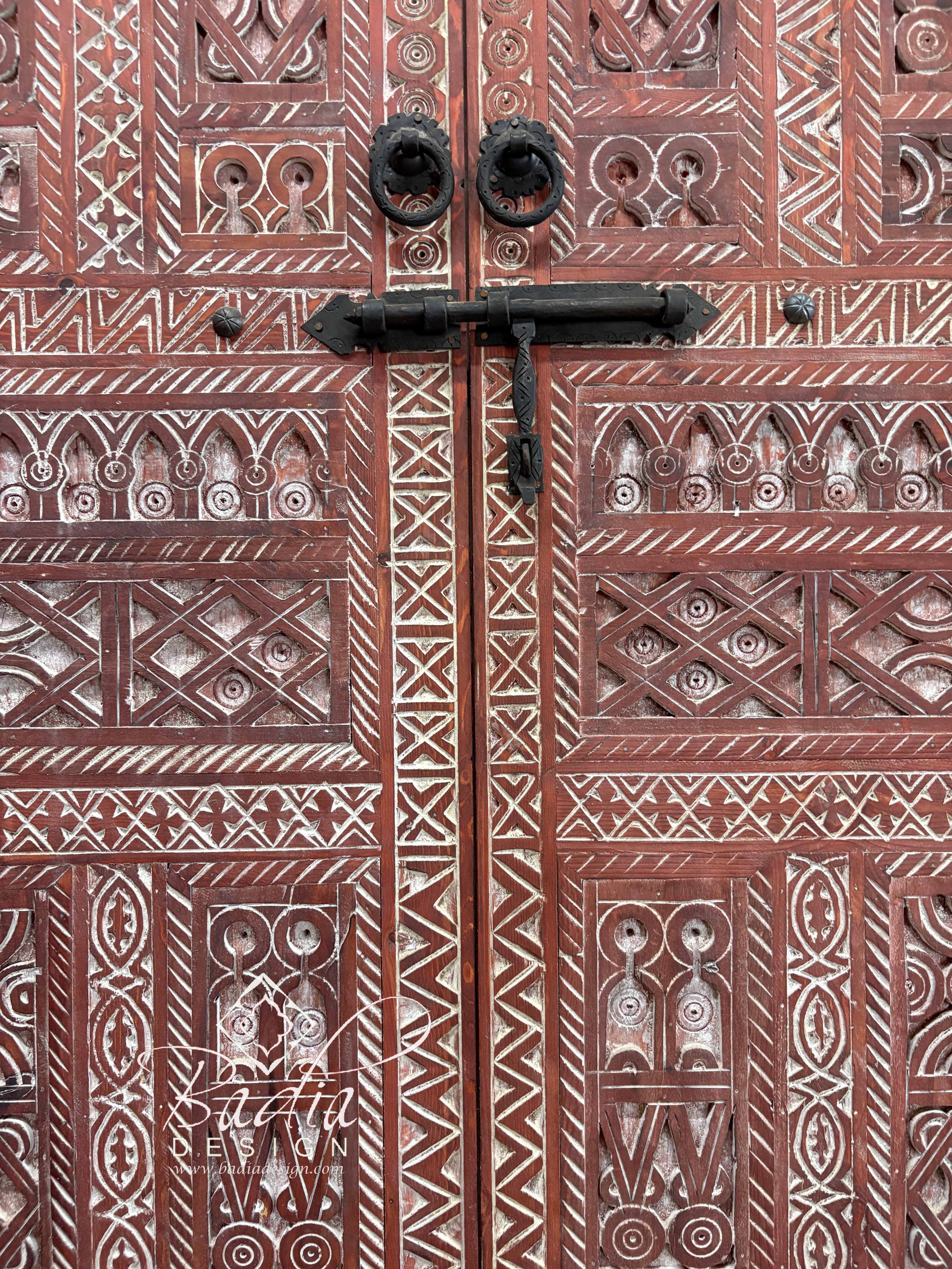 Decorative Red Wooden Door with Traditional Carved Patterns