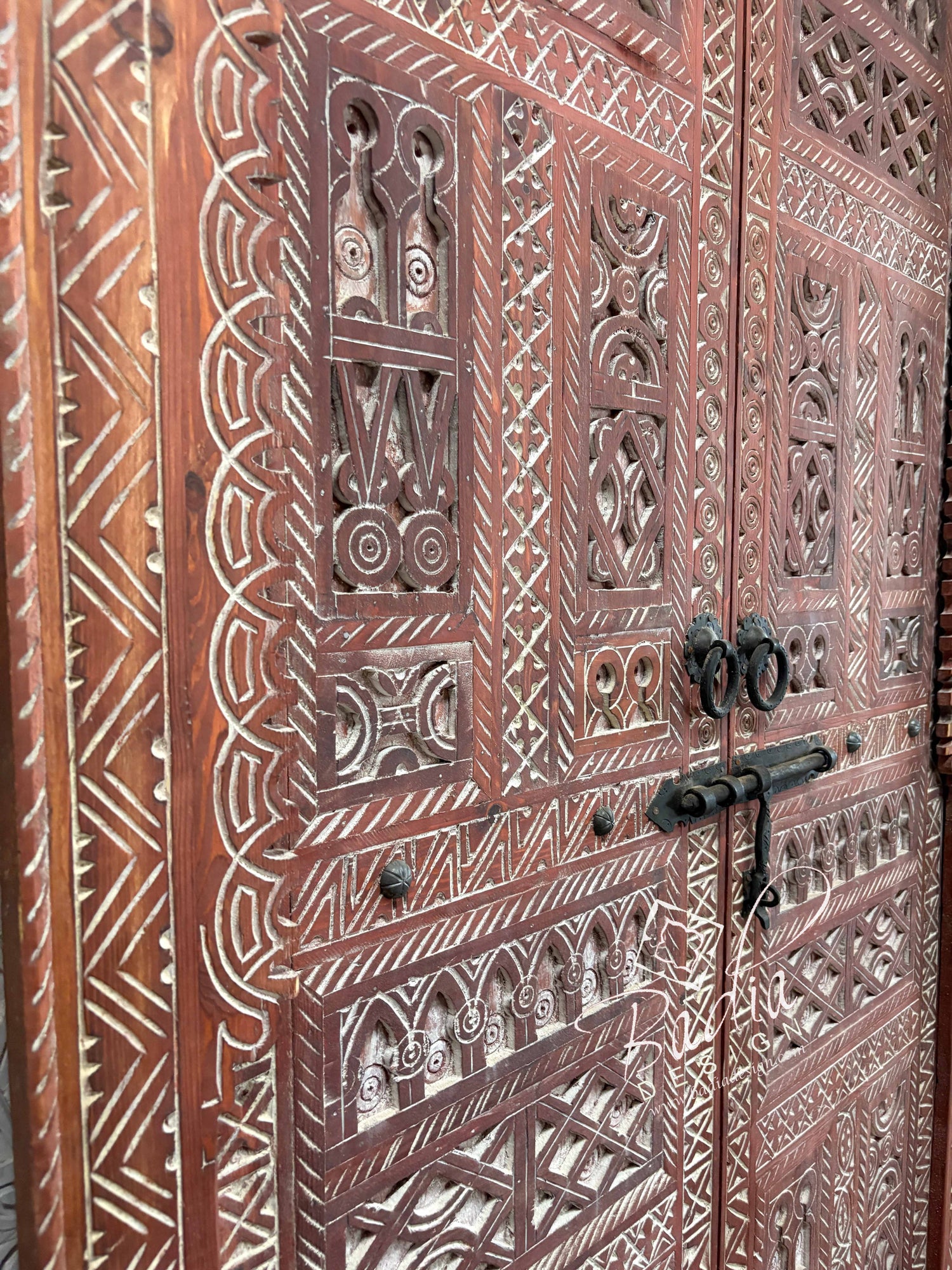 Decorative Red Wooden Door with Traditional Carved Patterns