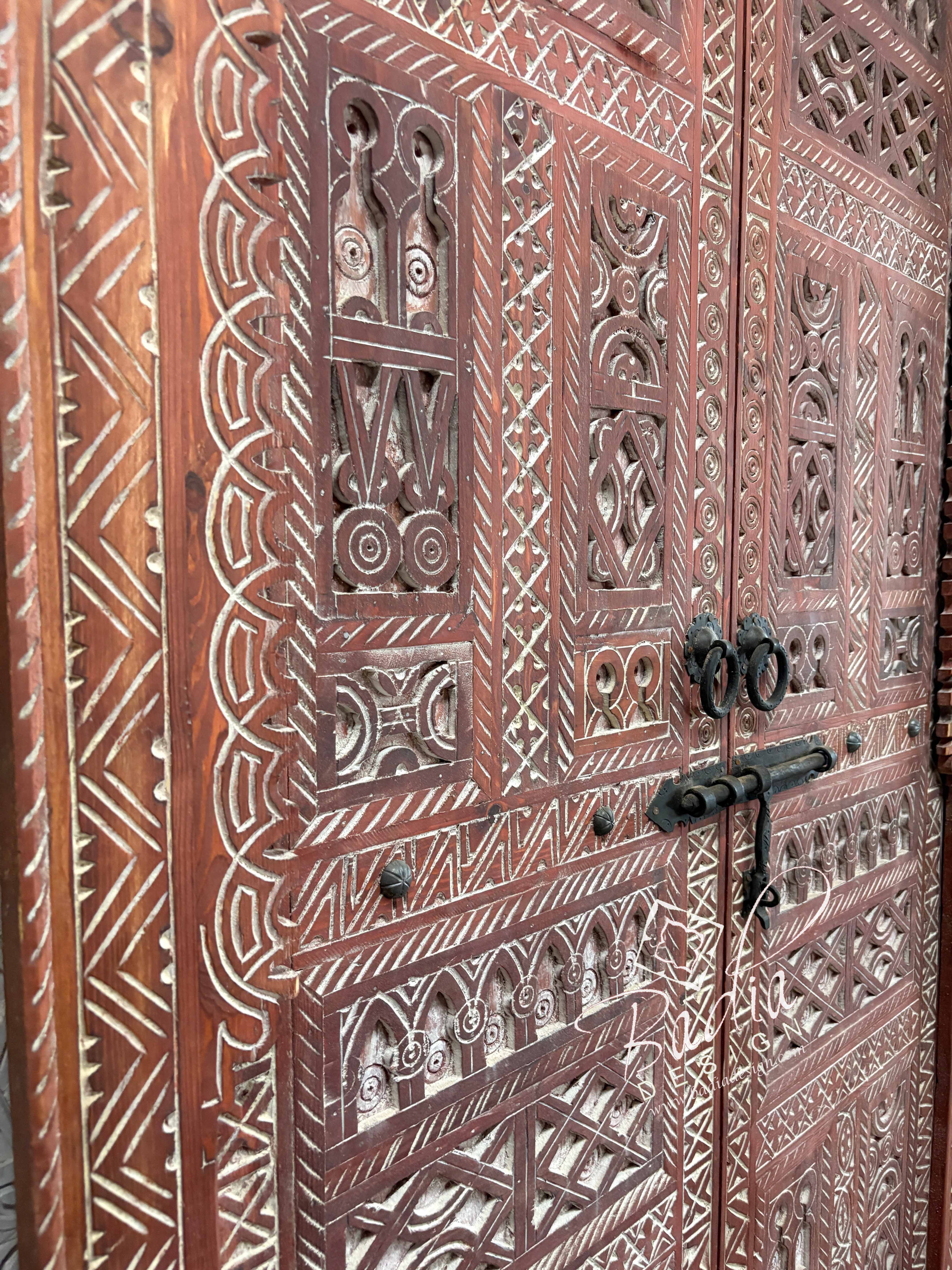 Decorative Red Wooden Door with Traditional Carved Patterns