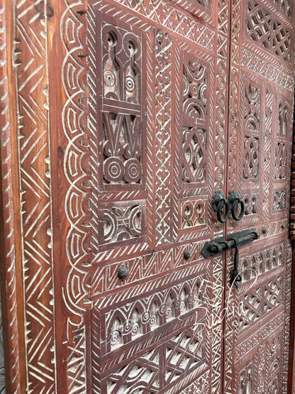 Decorative Red Wooden Door with Traditional Carved Patterns