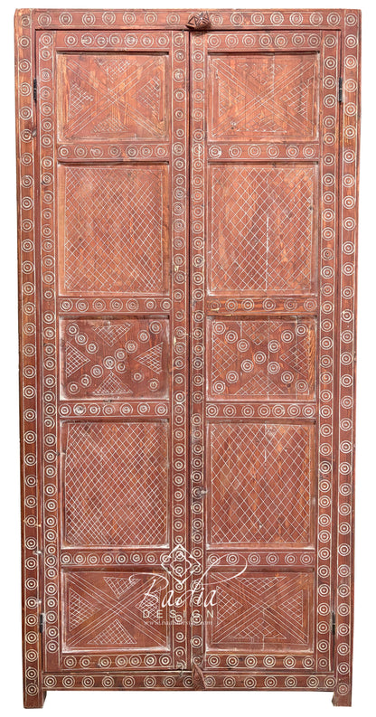 Decorative Red Wooden Door with Traditional Carved Patterns