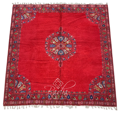 Deep Red Rug with Geometric and Floral Designs
