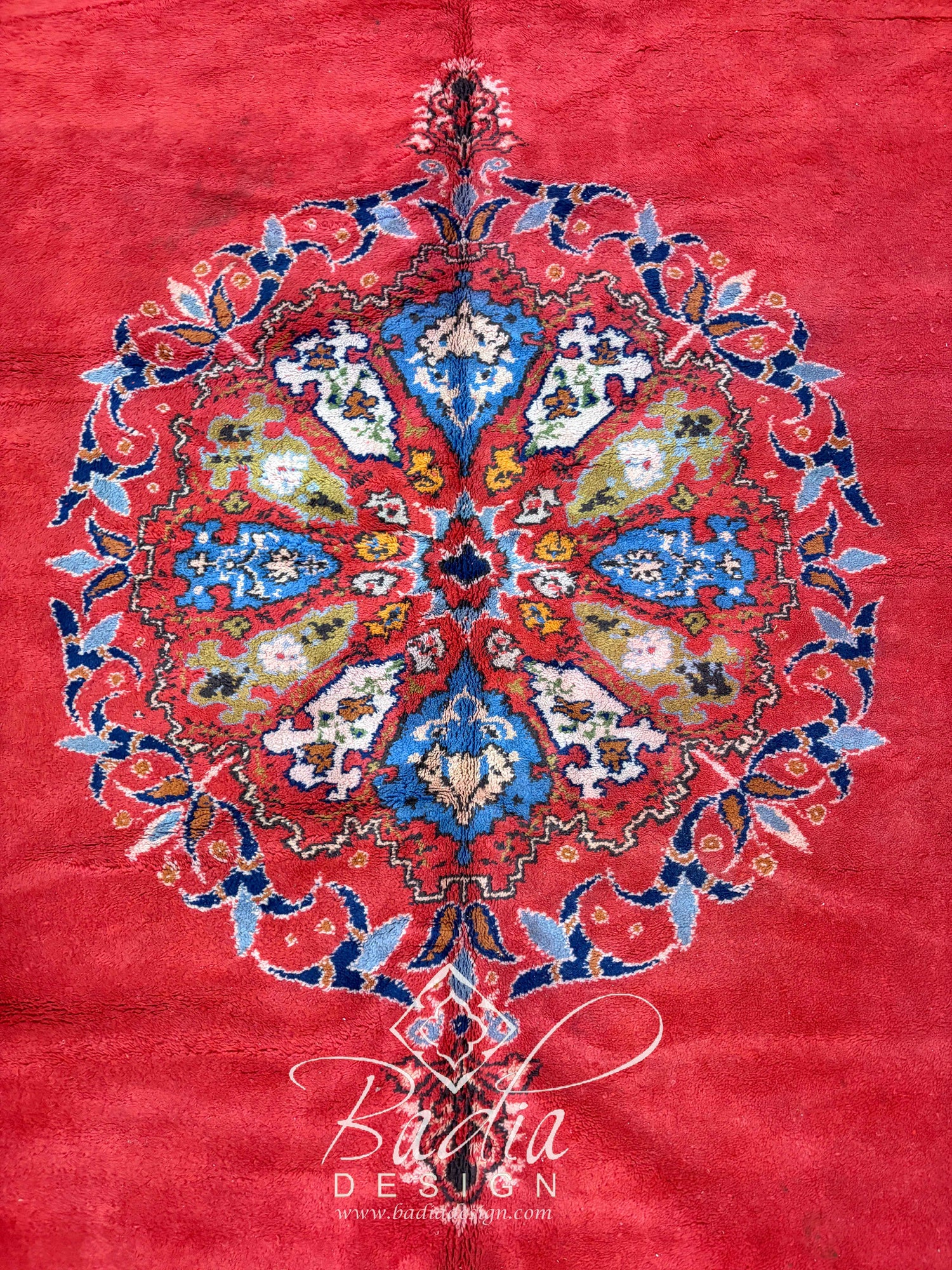 Deep Red Rug with Geometric and Floral Designs