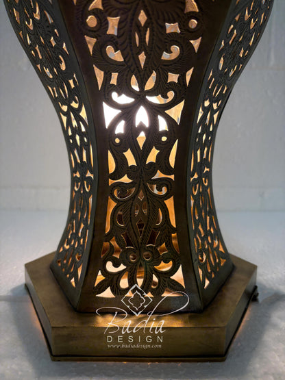 Hexagonal Brass Lantern with Intricate Floral Cutouts