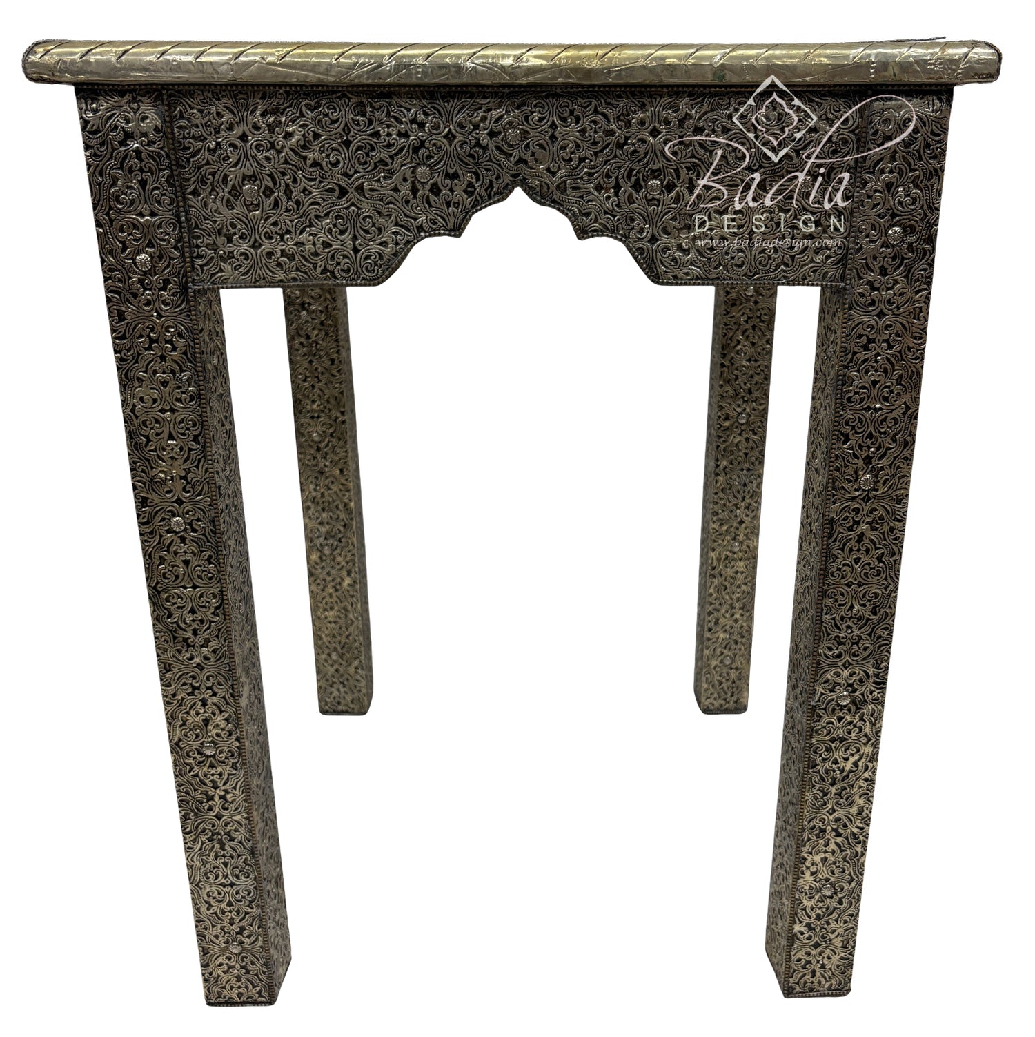 Decorative console table with intricate carvings on a white background, featuring the Badiia Design logo.