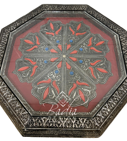 Octagon Shaped Metal and Bone Side Table with Glass Top