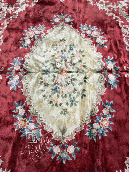 Moroccan Deep Red Rug Bordered by Cream Color Tones
