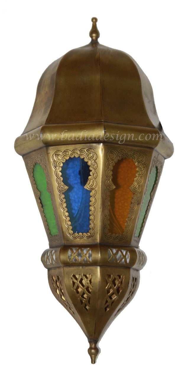 Moroccan Brass Wall Sconce with Multi-Color Glass
