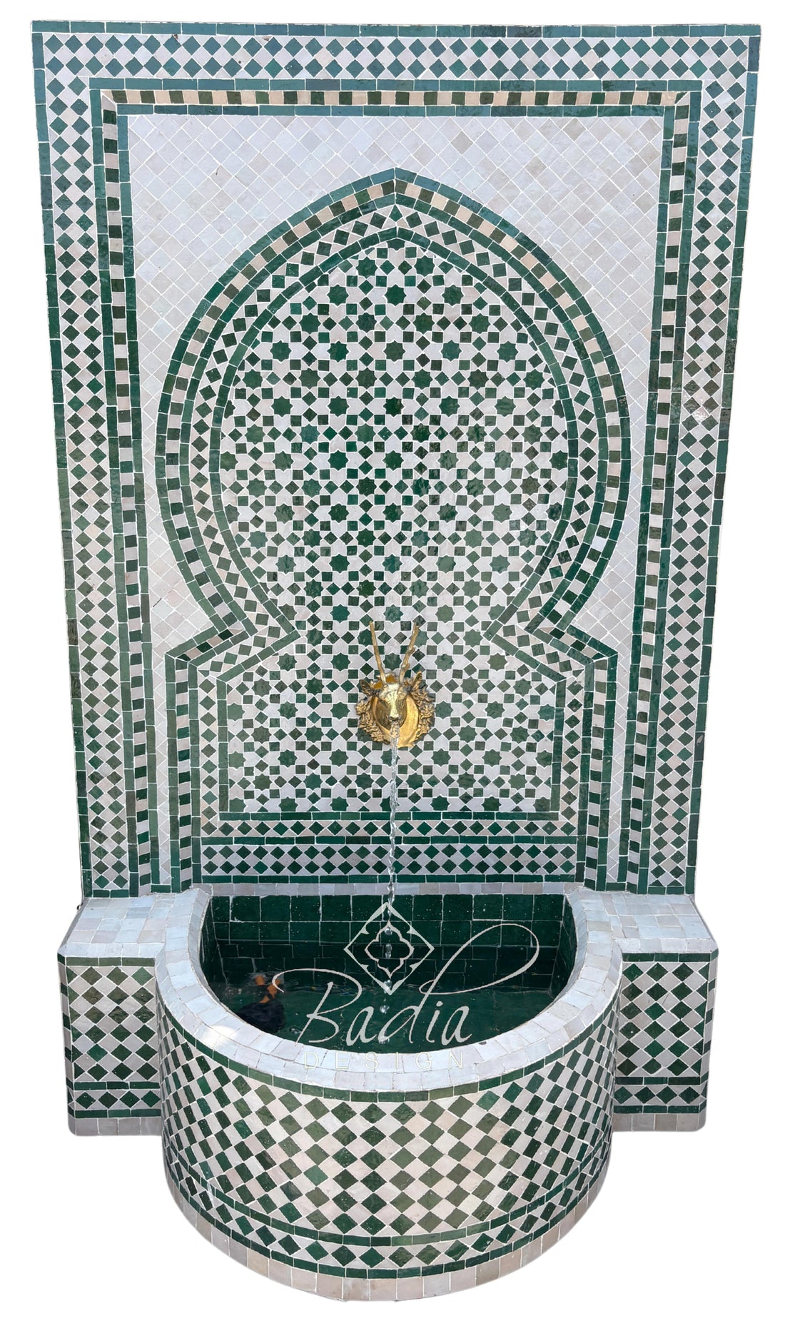 Moroccan Green and White Mosaic Tile Water Fountain