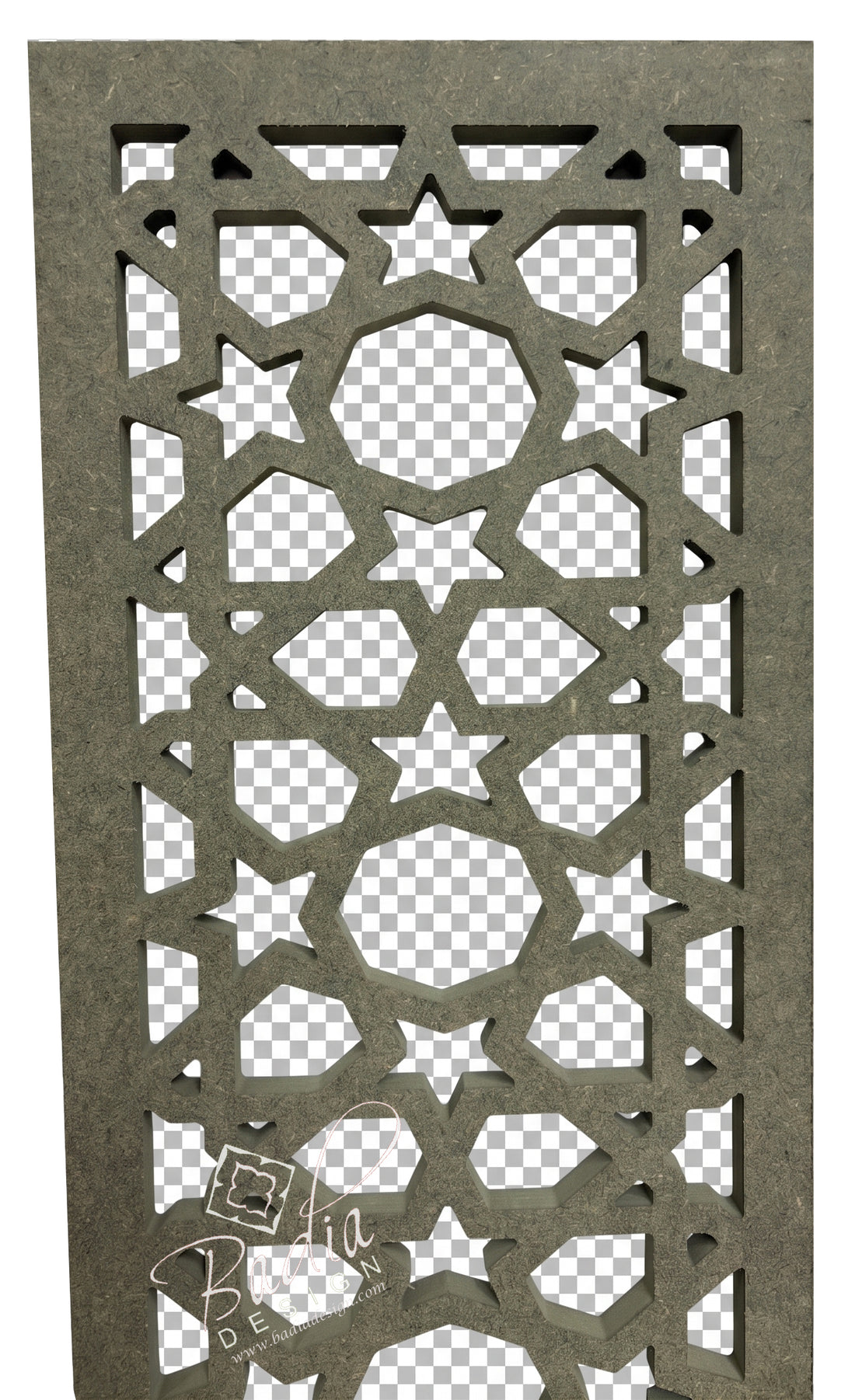 Decorative wooden screen with geometric cut-out patterns on a transparent background