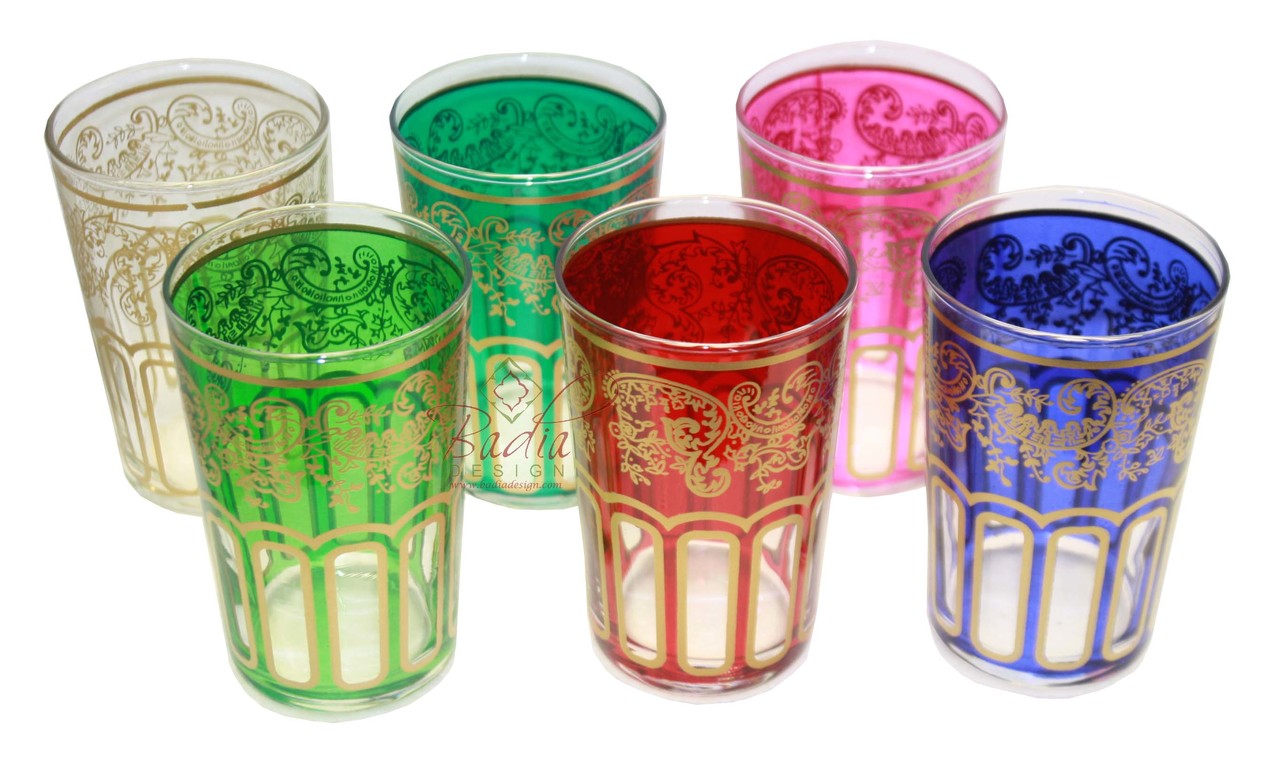 Multi-Color Moroccan Tea Glass Set with Gold Motif