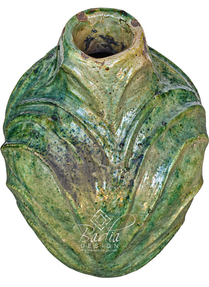 Moroccan Sculptural Glazed Tamegroute Planters in Green