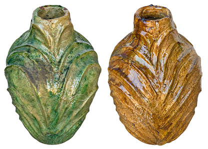 Moroccan Sculptural Glazed Tamegroute Planters in Green and Mustard