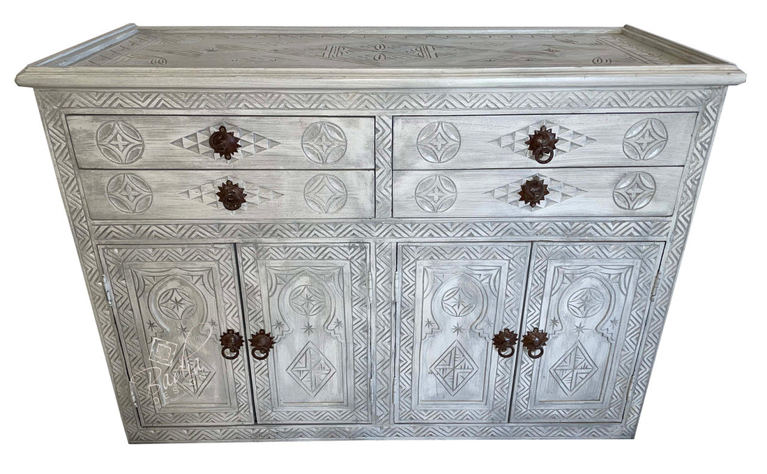 Gray Hand Painted Carved Wood Cabinet