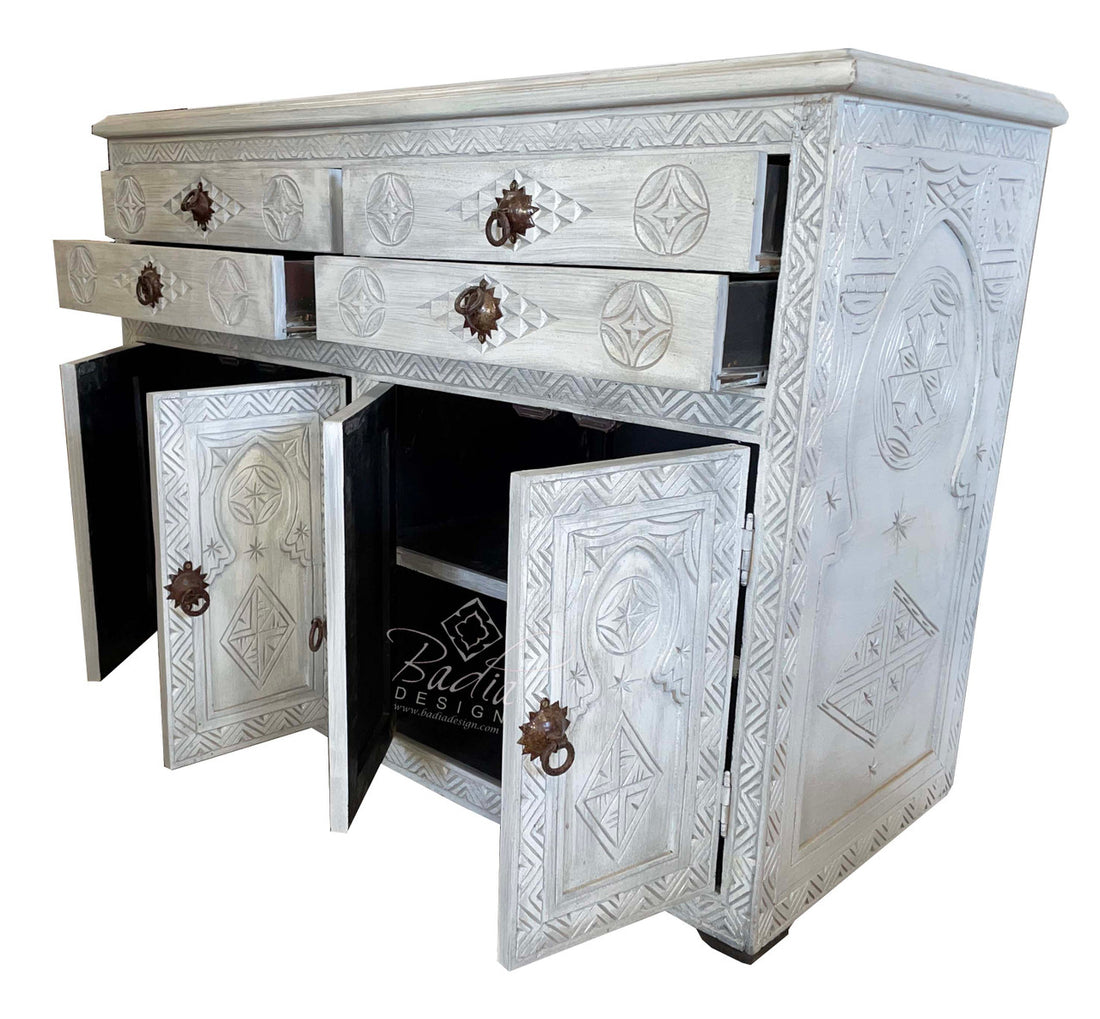 Gray Hand Painted Carved Wood Cabinet