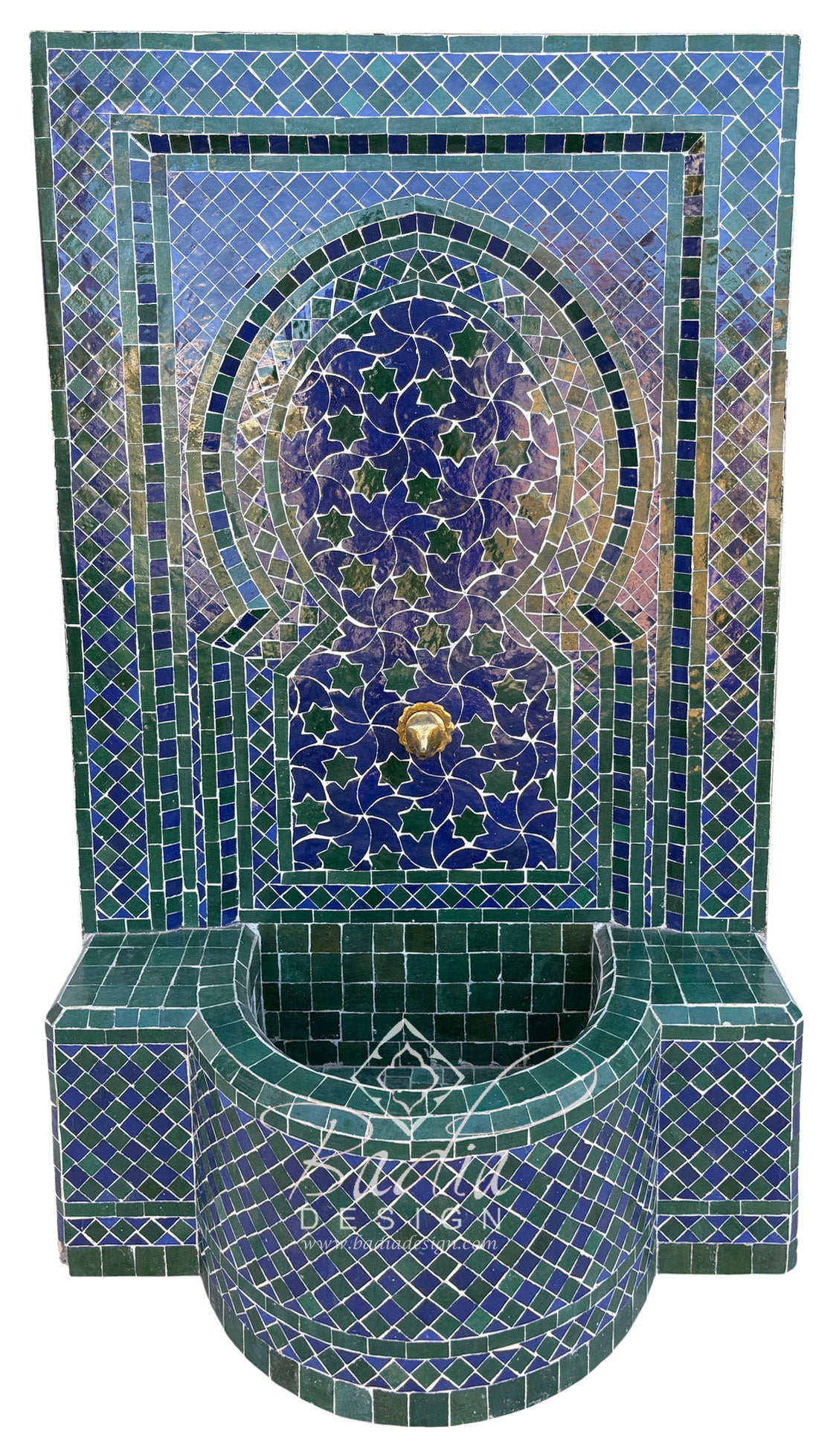 Moroccan Green and Blue Zellige Tile Wall Fountain